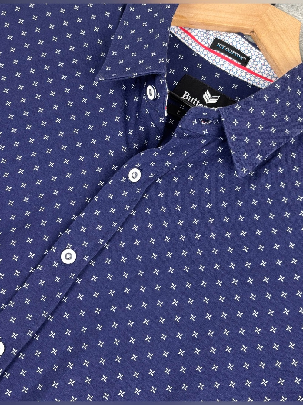 Buttercloth Icy Cotton Shirt Mens Large Blue Geometric All Over Print Button Up